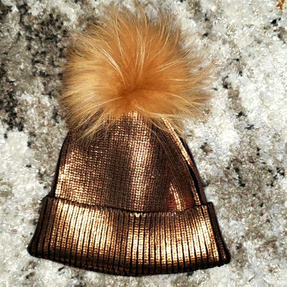 Adrienne Landau Metallic Copper Hat with Faux Fur Pom